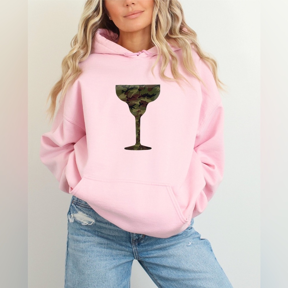 Camo Cocktails Glow Up Hoodie – Pale Pink Pullover with Green Camo Cocktail Grap